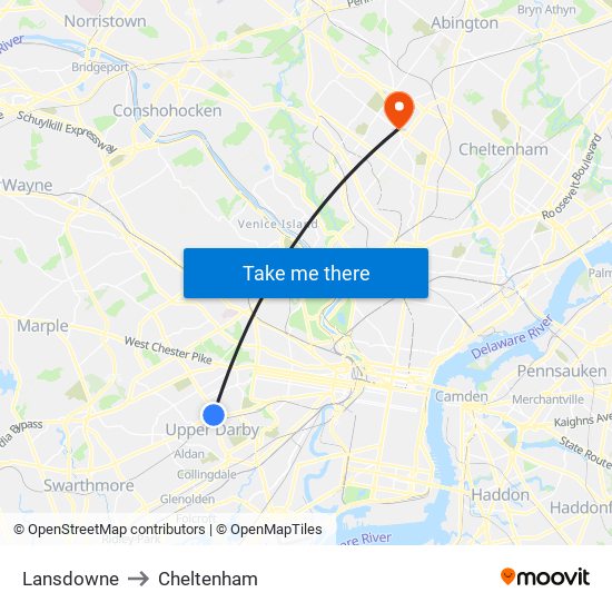 Lansdowne to Cheltenham map