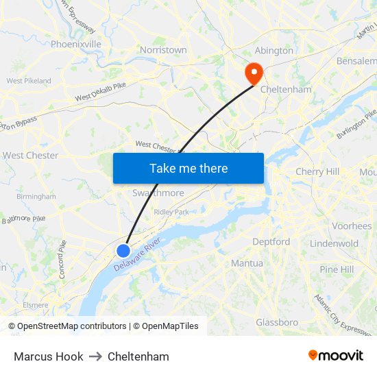 Marcus Hook to Cheltenham map