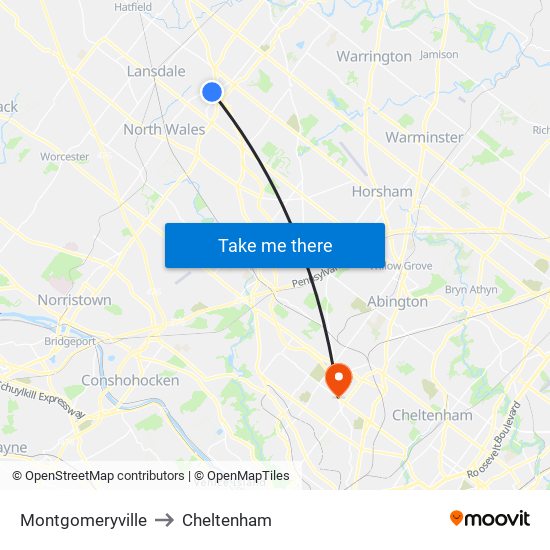 Montgomeryville to Cheltenham map