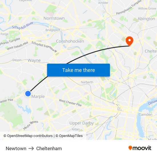 Newtown to Cheltenham map