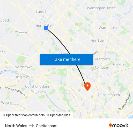 North Wales to Cheltenham map