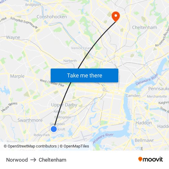 Norwood to Cheltenham map