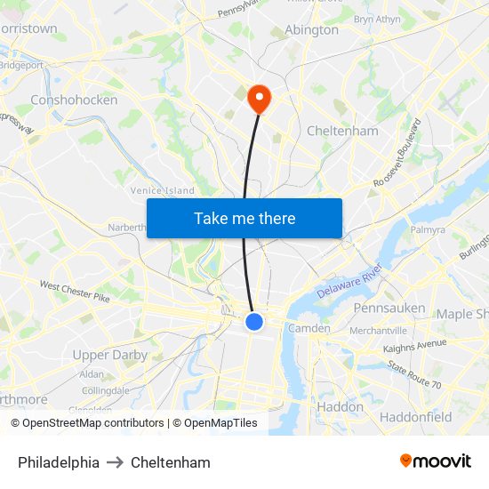 Philadelphia to Cheltenham map