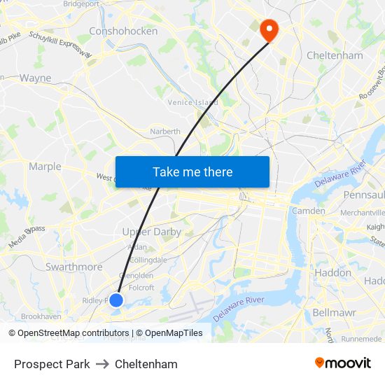 Prospect Park to Cheltenham map