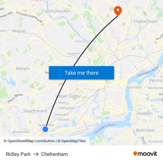 Ridley Park to Cheltenham map