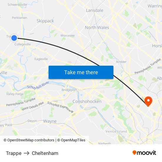 Trappe to Cheltenham map