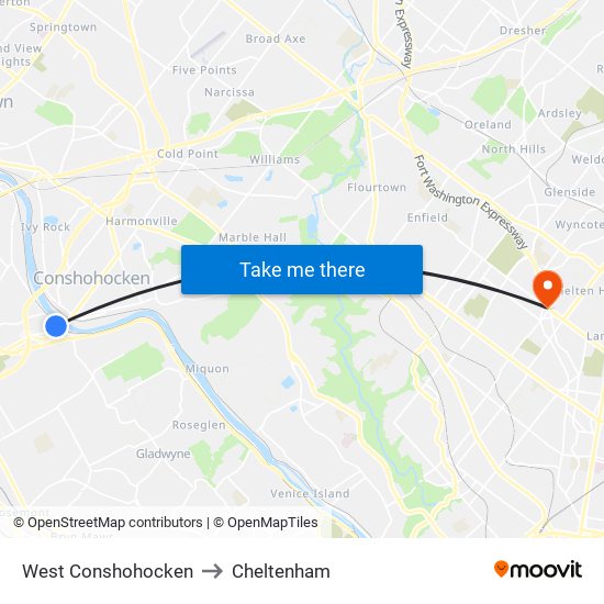 West Conshohocken to Cheltenham map