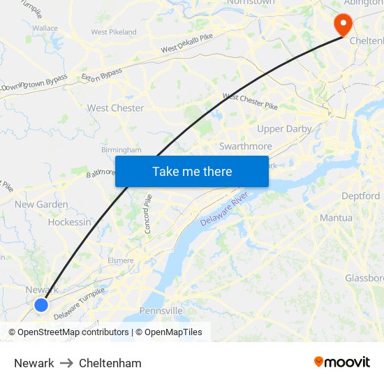 Newark to Cheltenham map