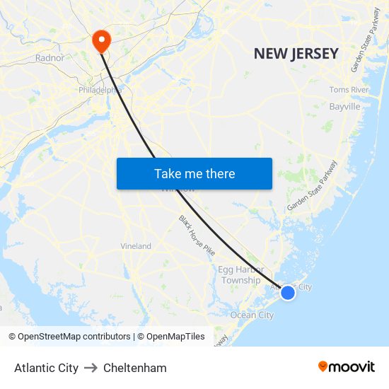 Atlantic City to Cheltenham map