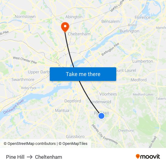 Pine Hill to Cheltenham map