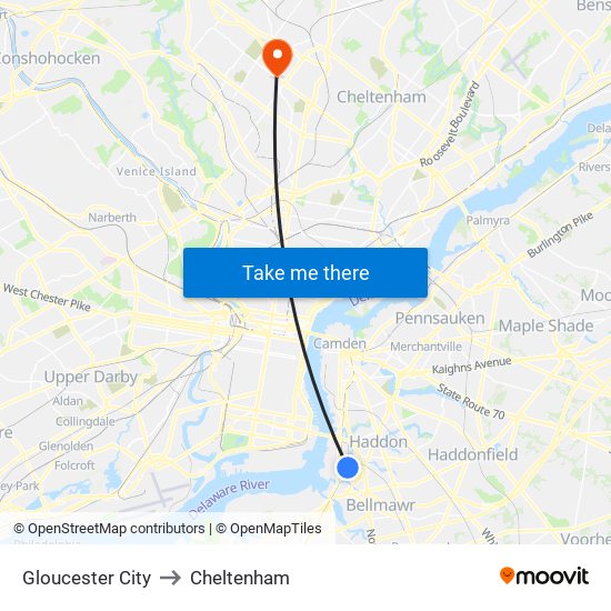 Gloucester City to Cheltenham map