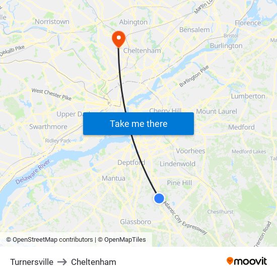 Turnersville to Cheltenham map