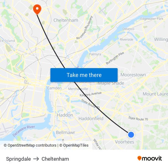 Springdale to Cheltenham map