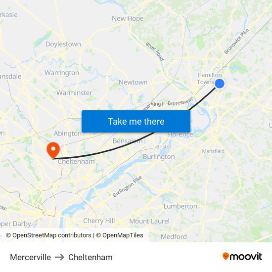 Mercerville to Cheltenham map