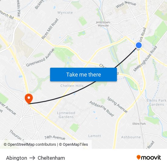 Abington to Cheltenham map