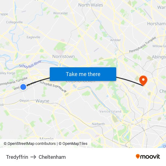 Tredyffrin to Cheltenham map