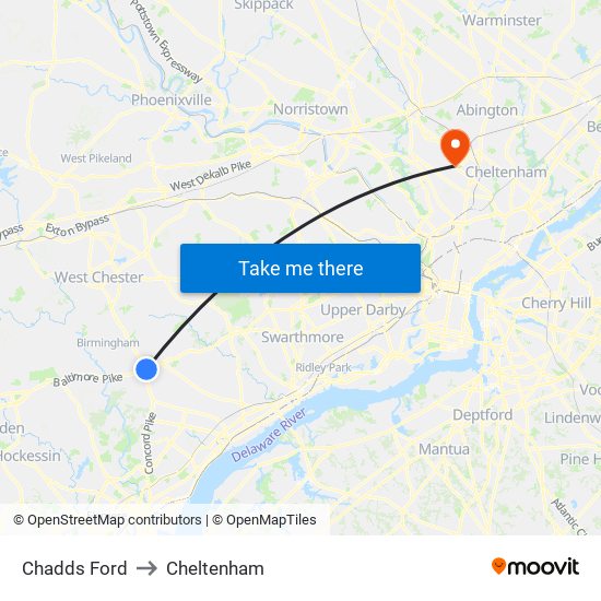 Chadds Ford to Cheltenham map