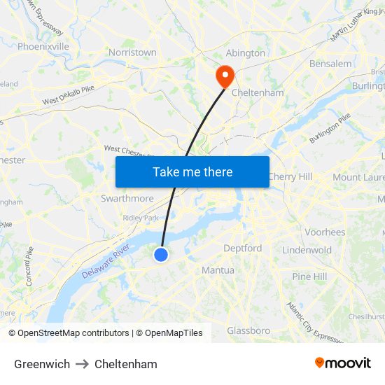 Greenwich to Cheltenham map