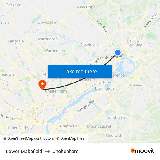 Lower Makefield to Cheltenham map