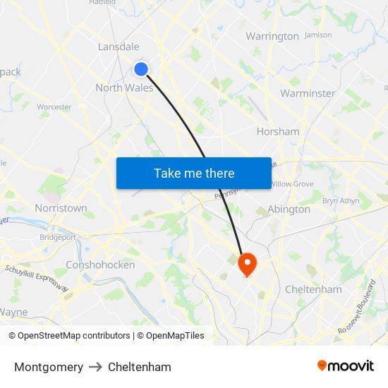 Montgomery to Cheltenham map