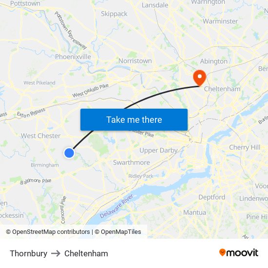 Thornbury to Cheltenham map