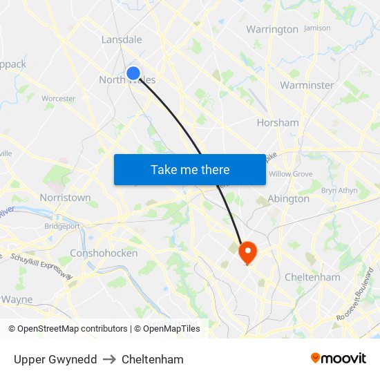 Upper Gwynedd to Cheltenham map