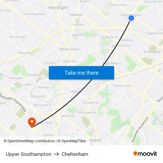 Upper Southampton to Cheltenham map