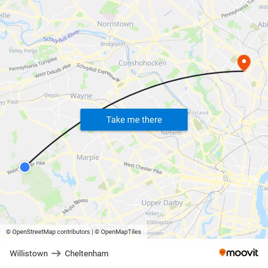 Willistown to Cheltenham map
