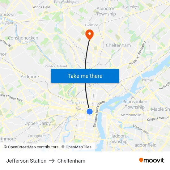 Jefferson Station to Cheltenham map