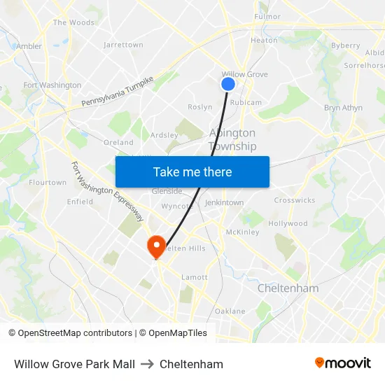 Willow Grove Park Mall to Cheltenham map