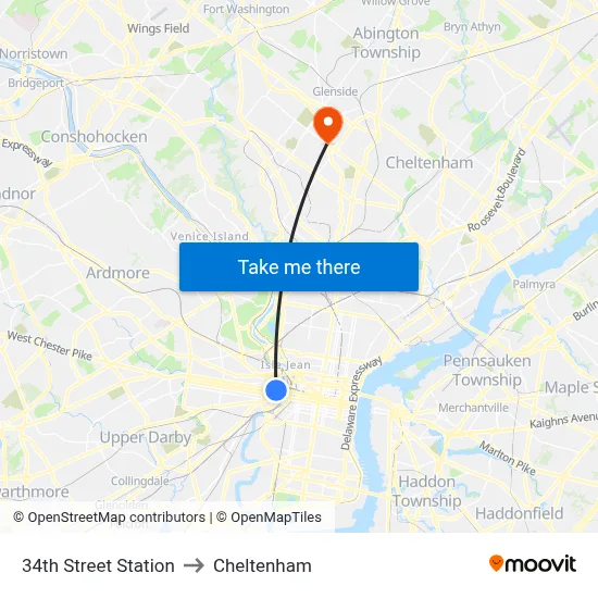 34th Street Station to Cheltenham map