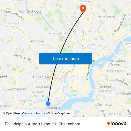 Philadelphia Airport Limo to Cheltenham map