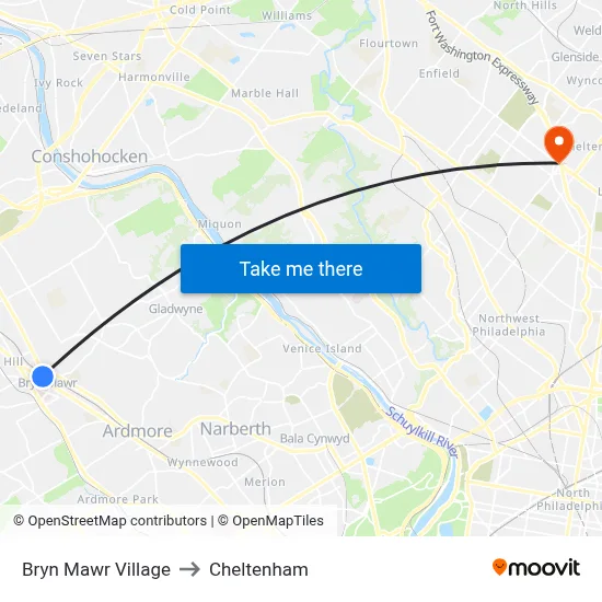 Bryn Mawr Village to Cheltenham map