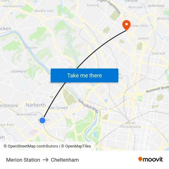 Merion Station to Cheltenham map