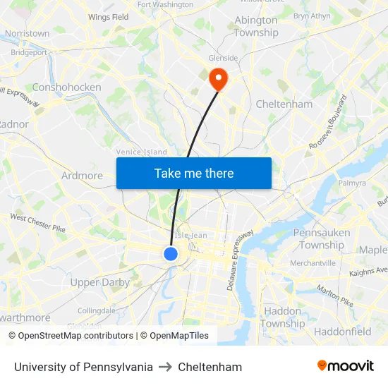 University of Pennsylvania to Cheltenham map