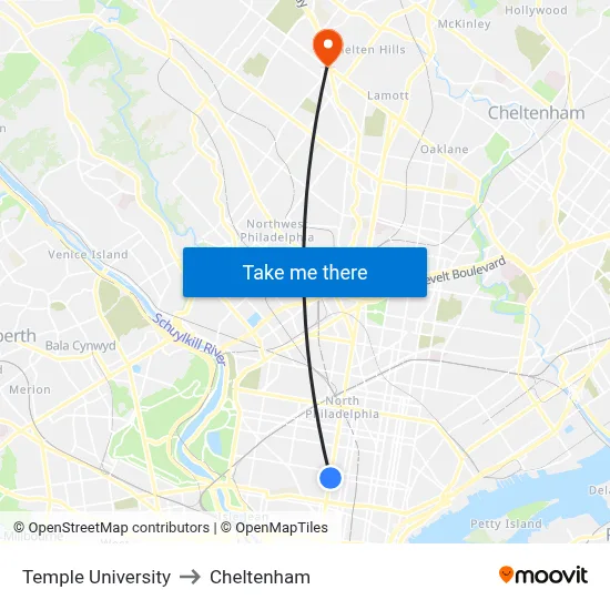 Temple University to Cheltenham map
