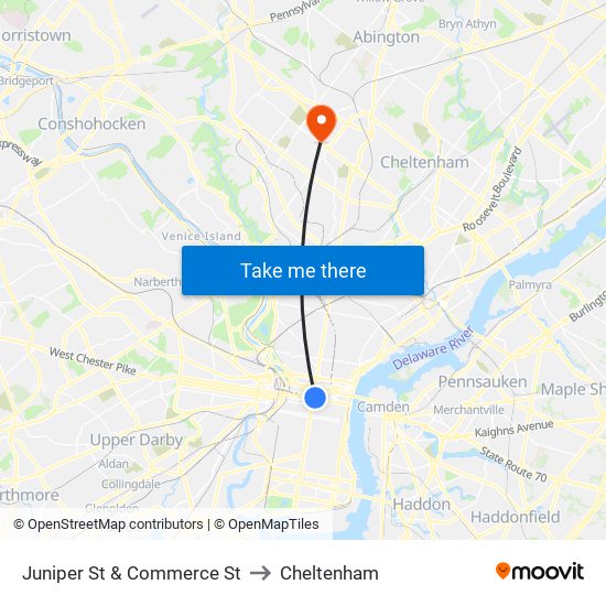 Juniper St & Commerce St to Cheltenham map