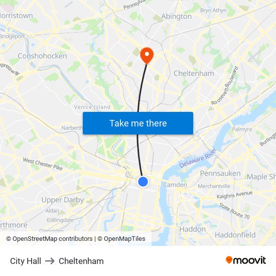 City Hall to Cheltenham map