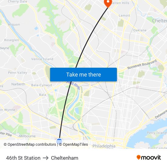 46th St Station to Cheltenham map