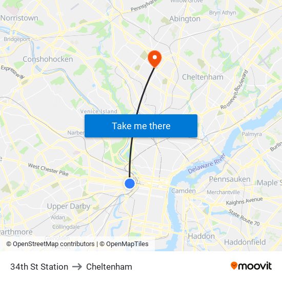 34th St Station to Cheltenham map