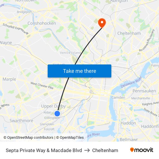 Septa Private Way & Macdade Blvd to Cheltenham map