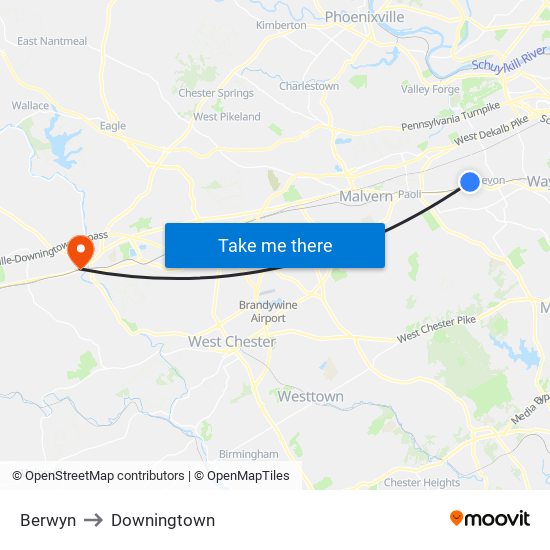 Berwyn to Downingtown map