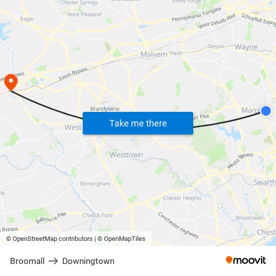 Broomall to Downingtown map