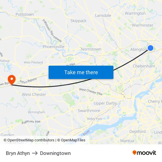 Bryn Athyn to Downingtown map