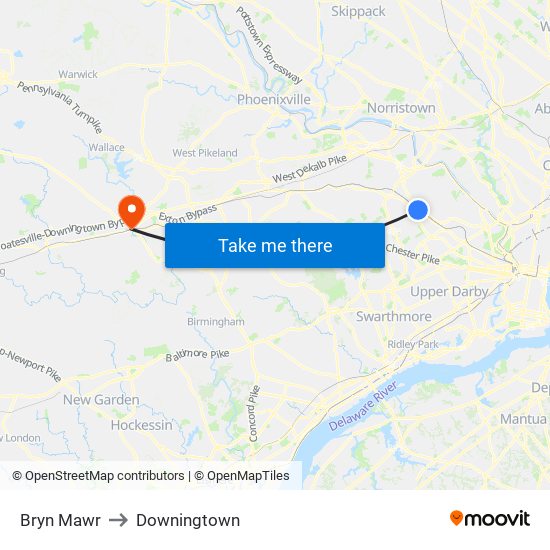 Bryn Mawr to Downingtown map