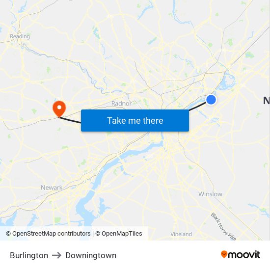 Burlington to Downingtown map