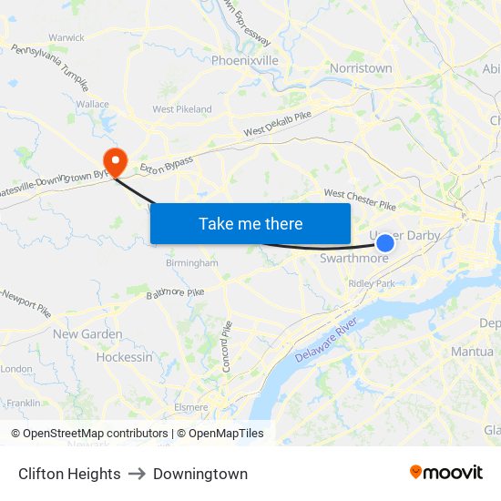 Clifton Heights to Downingtown map