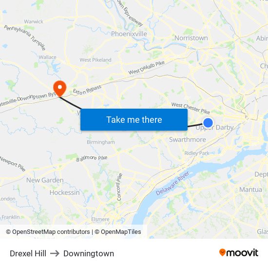 Drexel Hill to Downingtown map