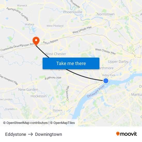 Eddystone to Downingtown map