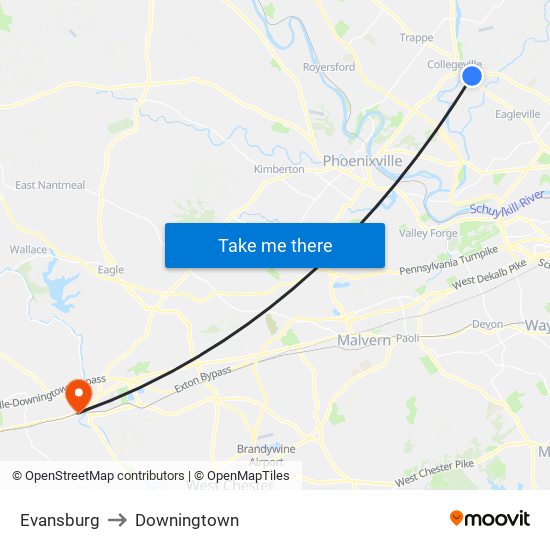 Evansburg to Downingtown map